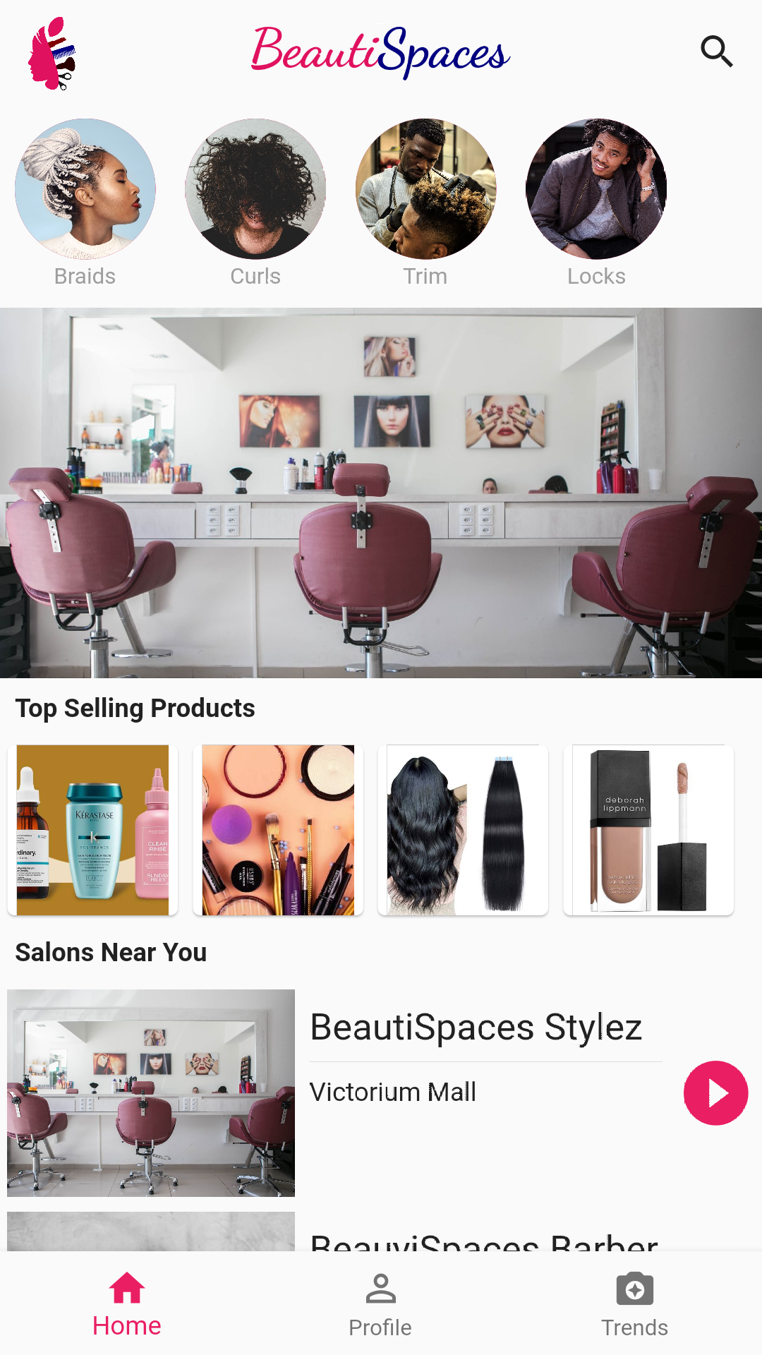 BeautiSpaces app — salon home screen